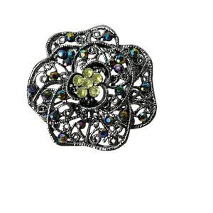 Vintage Aurora Borealis Brooch Green Rhinestone Gunmetal Open Work Round Flower